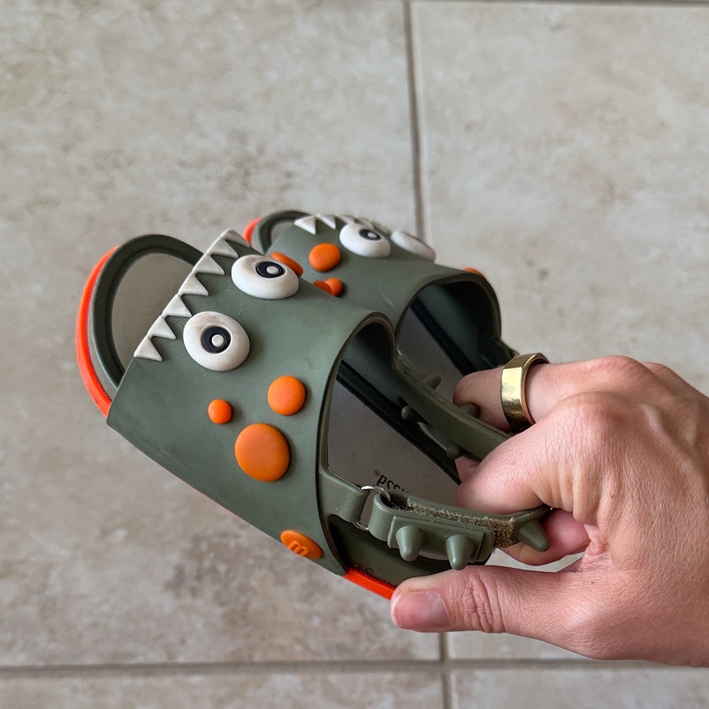 Mini Melissa Olive Green Monster Sandals with Orange Accents